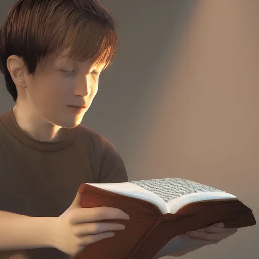 Prompt: a boy reading a book, 3 d rendering, art by just radiation, cinematic lighting