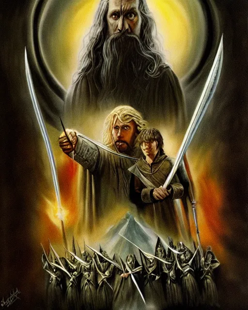 Image similar to lord of the rings poster done with concept art, oil painting, digital art, art by tom jung