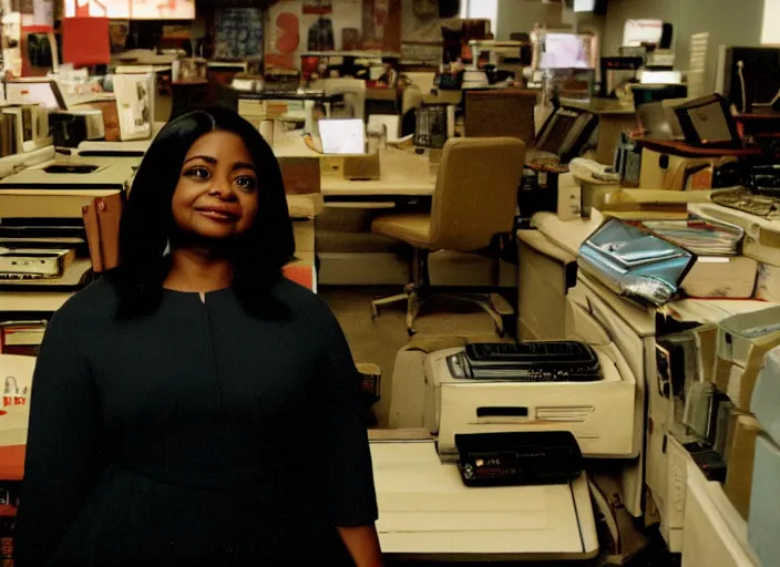 Prompt: cinematic shot of octavia spencer in an small used electronics store next to an old electronic keyboard, iconic scene from the paranoid thriller sci fi film directed by stanley kubrick, anamorphic lens, moody dark cinematography, beautiful composition, color theory, leading lines, photorealistic hands, 4 k