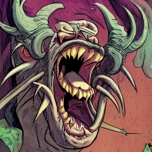 Prompt: precisely drawn illustration of a horned demon laughing, wide angle, sharp, fine details, French comic style, vibrant realistic colors, full color, heroic fantasy, intense line art, 8k, precise linework, realistic, in the style of Richard Corben and Moebius