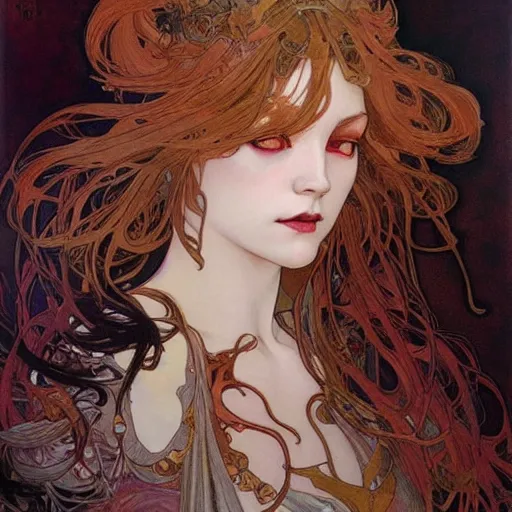 Prompt: realistic detailed face portrait of the Demon Lilith by Alphonse Mucha, Ayami Kojima, Amano, Charlie Bowater, Karol Bak, Greg Hildebrandt, Jean Delville, and Mark Brooks, Art Nouveau, Neo-Gothic, gothic, rich deep colors