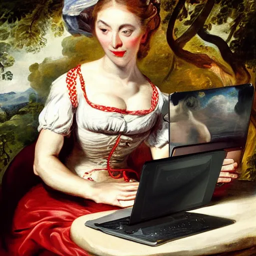 Image similar to heavenly summer sharp land sphere scallop well dressed lady working on her laptop auslese, by peter paul rubens and eugene delacroix and karol bak, hyperrealism, digital illustration, fauvist, looking at her imac laptop