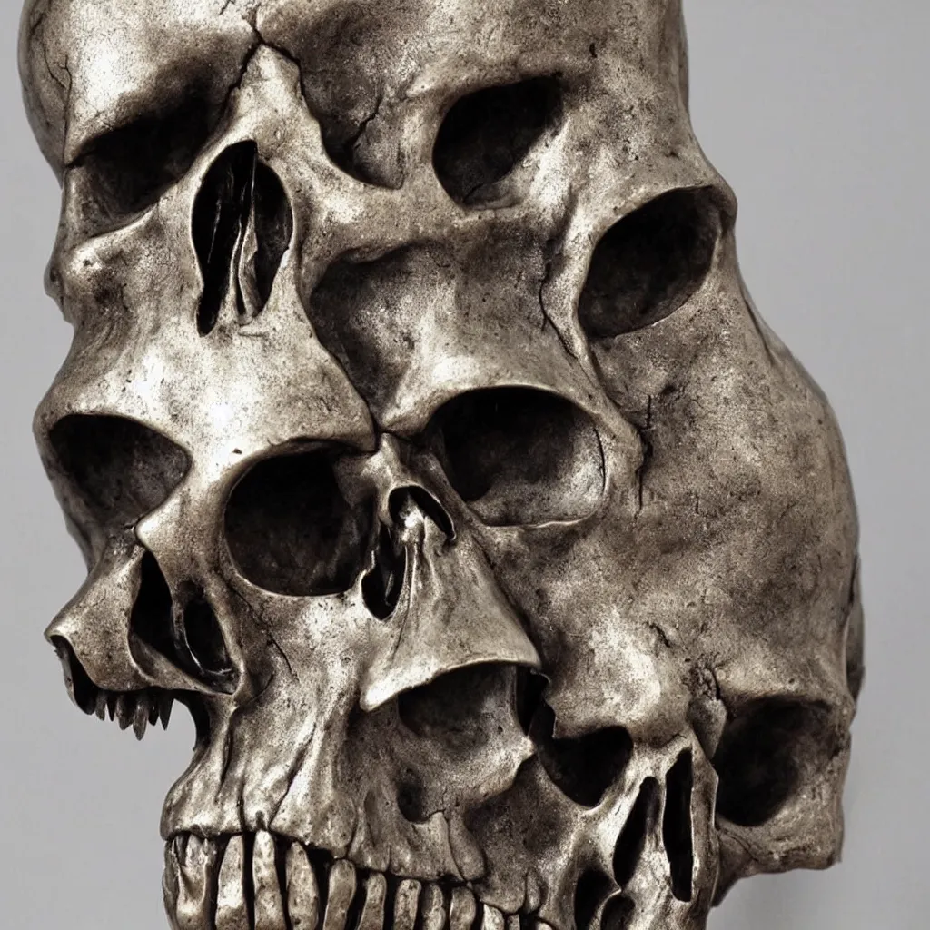 Image similar to a realistic metal sculpture of one skull, super detailed