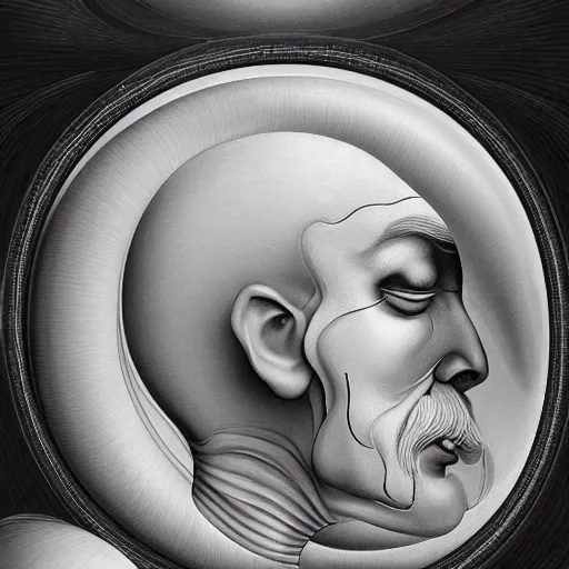 Image similar to an HD beautiful composition of deeply moving genius, flawless and incredible facial portraiture, depicting Father Time who has two faces and is regarding himself as if in the mirror; wondrous futuristic digital paint, by M. C. Escher S 572670079
