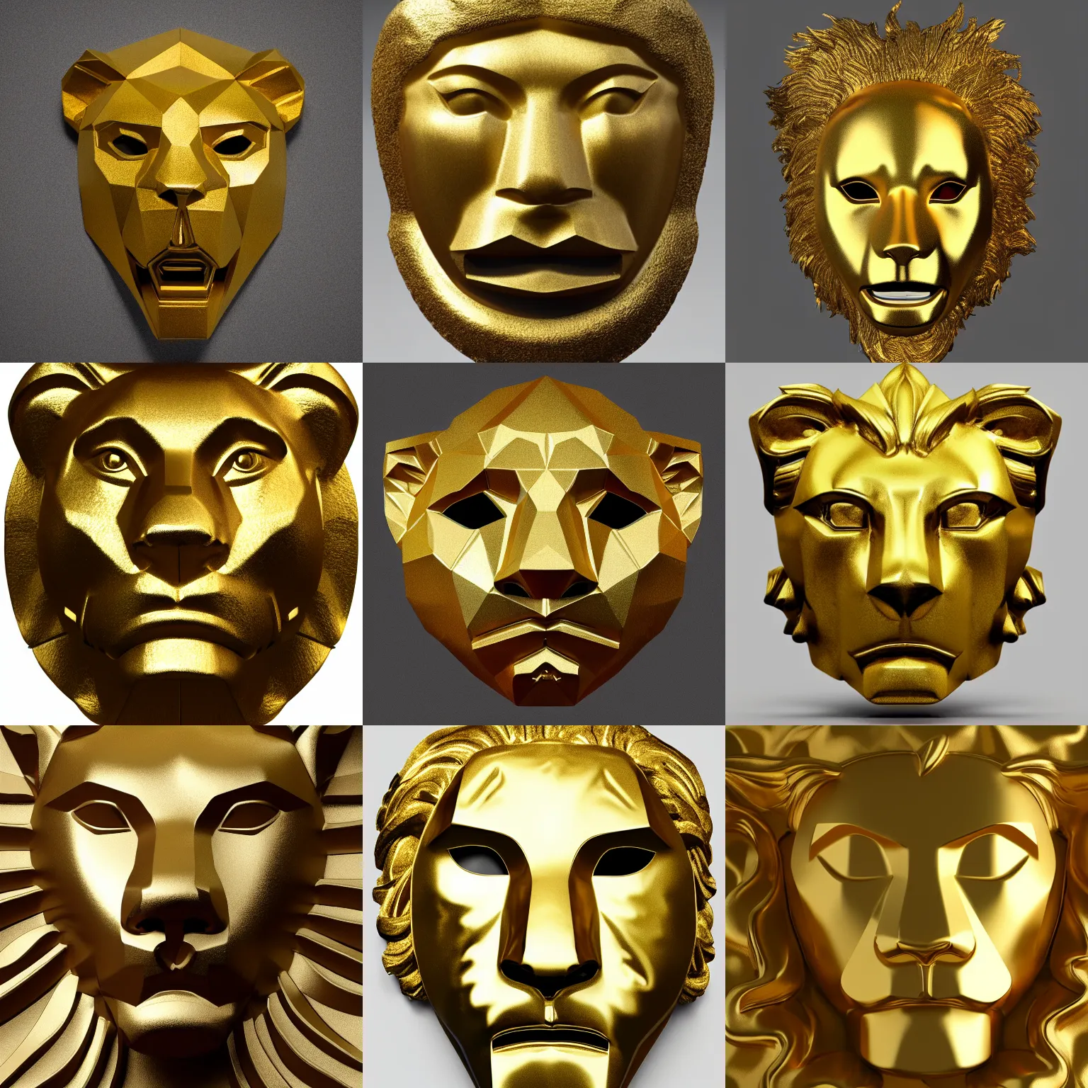 Prompt: Award winning, photograph of a golden lion mask in the style of low-polygon. 8k, HD, catalog photo