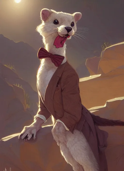 Image similar to Character portrait of a happy furry anthro weasel wearing a bowtie in the desert wilderness, intricate, elegant, highly detailed, digital painting, artstation, concept art, smooth, sharp focus, illustration, art by Krenz Cushart and Artem Demura and alphonse mucha