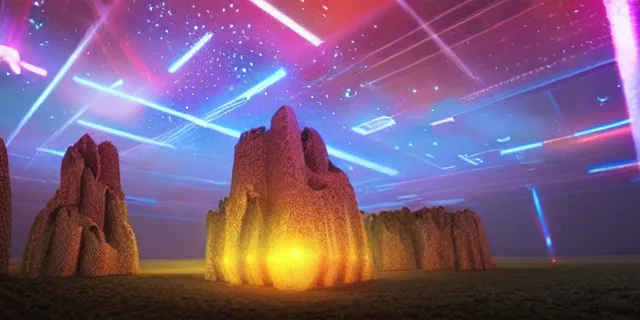 Image similar to a beautiful network of glowing cubes appears in the sky above a fantasy landscape, atmospheric lighting, intricate, volumetric lighting, beautiful, sharp focus, ultra detailed, in the art style of bowater charlie, brom gerald, astrophotography, rendered in cinema 4 d, quantum wavetracing, rendered in maya