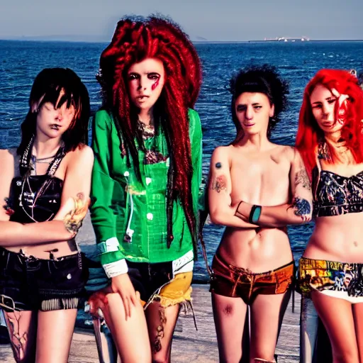 Prompt: girls on the sea, punk style, high quality, 8 k