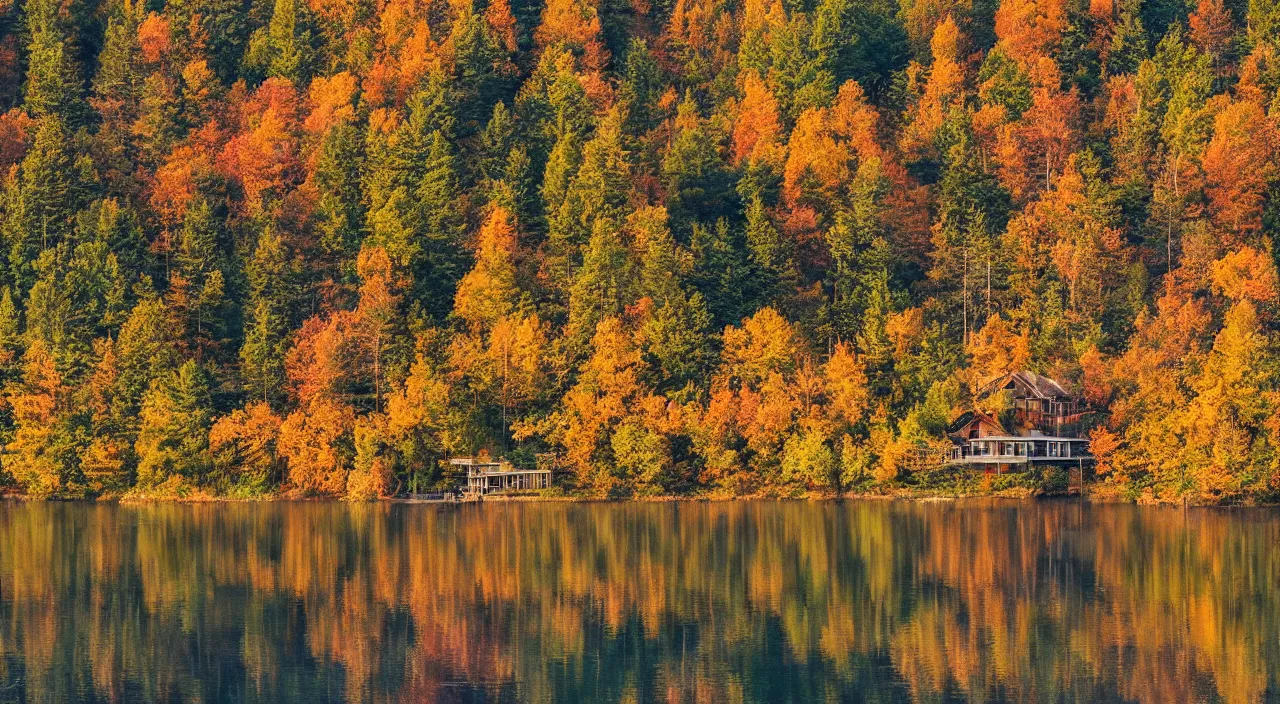 Image similar to a autumn forest, with a rustic house in front of a lake, at sunrise, with a pier from the house that leads to the lake