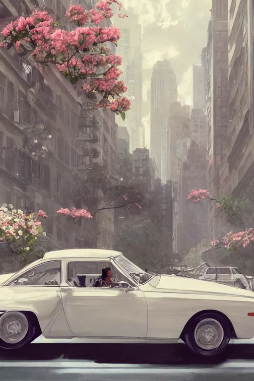 Image similar to ultra realistic illustration, old white vintage car in the new york city with flowers blooming out the window, side view, elegant, highly detailed, digital painting, concept art, smooth, sharp focus, illustration, art by artgerm and greg rutkowski and alphonse mucha