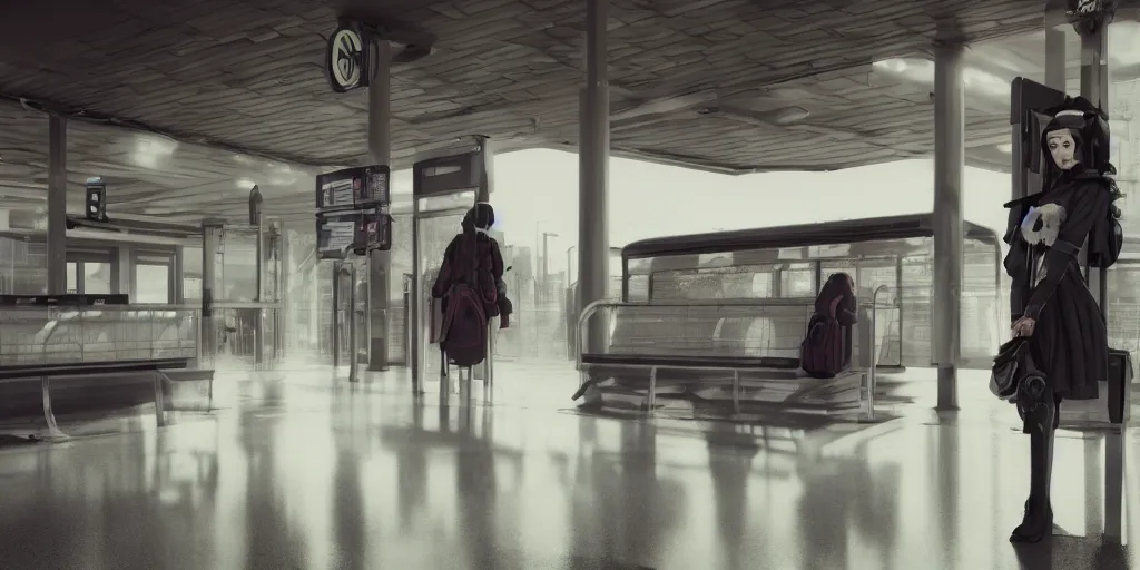 Image similar to photo of geisha cyborg is waiting in train station, 1970's, leica, lomo, soft light, morning light, photorealistic, details, octane render, cryengine, 8k, cinematic shot