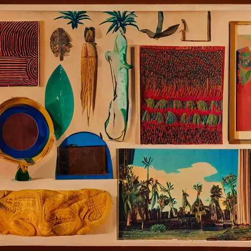 Prompt: An offset photography of a composition of five object on display, colors, (anthropology of wonder), ((((exotic artifacts)))), bauhause, tropicalism, (colonial expedition), exhibition print, 60s style