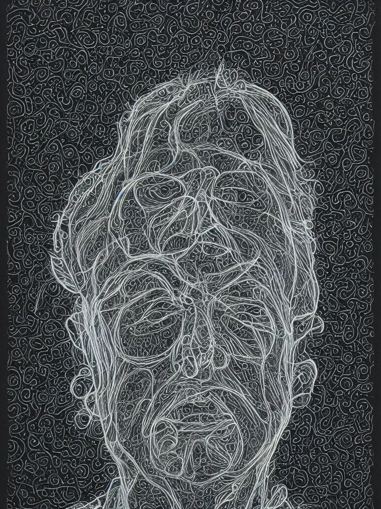 Image similar to portrait of alan watts, fractal floral pattern, neon pencil on black paper