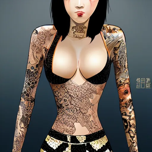 Image similar to yakuza slim girl, gold suit jacket in snake print, jacket over bare torso, yakuza tattoo Irezumi on body, black short curtain haircut, black leather pants with black belt, portrait, beautiful face, elegant, 2d, ultra highly detailed, digital painting, smooth, sharp focus, artstation, art by Ilya Kuvshinov, rossdraws