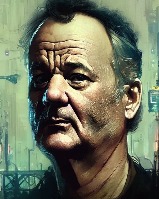 Image similar to bill murray, hyperrealistic portrait, bladerunner street, art of elysium by jeremy mann and alphonse mucha, fantasy art, photo realistic, dynamic lighting, artstation, poster, volumetric lighting, very detailed face, 4 k, award winning