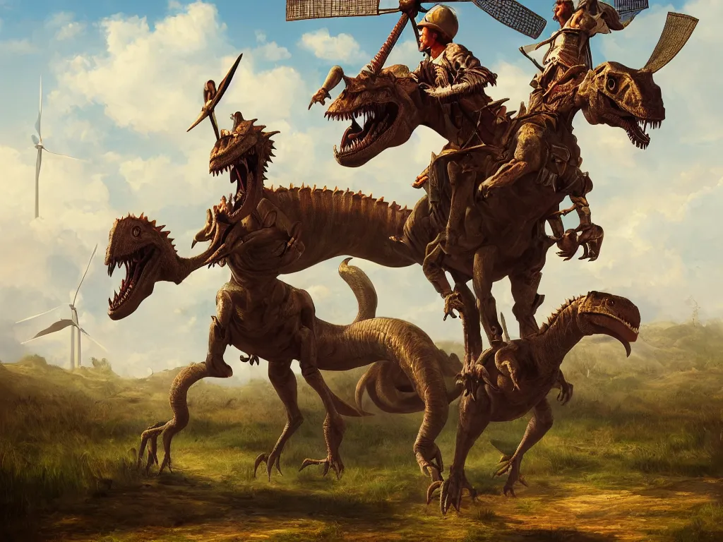 Prompt: portrait of a don quixote riding a dinosaur attacks a windmill, digital art, highly detailed, stunning scene, 4 k, realism, bright colors, trending on artstation