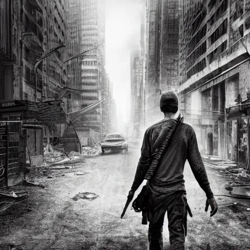 Image similar to a pencil sketch of a survivor in a post apocalyptic new york street, 4k, high detail, high-resolution photograph, professional photography, ultra-detail, sketch, drawing