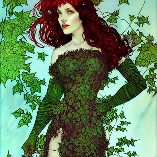 Prompt: a beautiful painting of poison ivy dressed as my new goth girlfriend, intricate, elegant, highly detailed, digital painting, artstation, concept art, matte, sharp focus, illustration, art byby rebecca guay and by arthur rackham and by alphonse mucha and by john william waterhouse, comic book style!!!!!