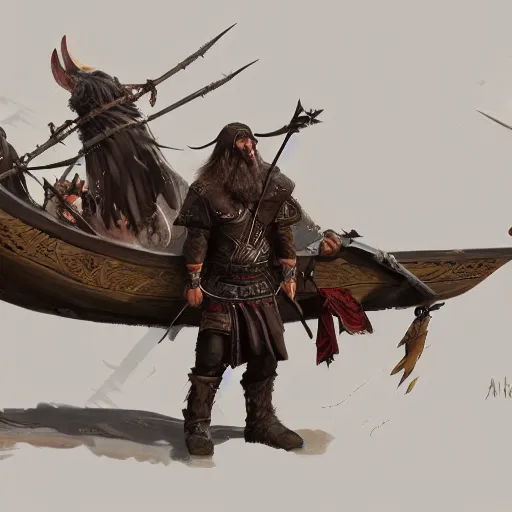 Image similar to war viking ship, viking spears and axes. bright art masterpiece artstation. 8 k, sharp high quality artwork in style of greg rutkowski, concept art by tooth wu, blizzard warcraft artwork