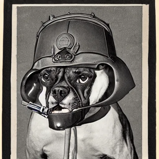 Prompt: illustration of boxer dog with military helmet and cigar in mouth, ww 2