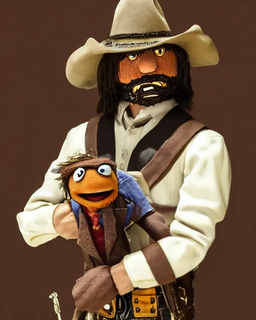 Image similar to john marston as a muppet. highly detailed felt. hyper real photo. 4 k.