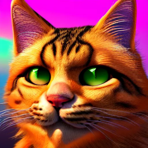 Prompt: colossal fluffy tabby cat, garfield, by alex grey, fantasy, vivid colors, sharp focus, digital art, hyper - realistic, 4 k, unreal engine, highly detailed, hd, dramatic lighting by brom, trending on artstation