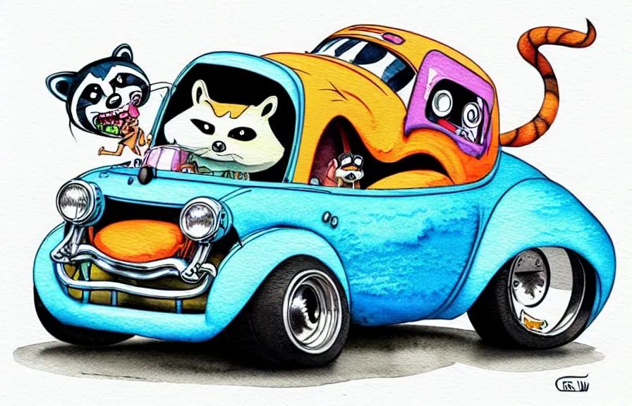 Image similar to cute and funny, racoon riding in a tiny hot rod coupe with oversized engine, ratfink style by ed roth, centered award winning watercolor pen illustration, isometric illustration by chihiro iwasaki, edited by range murata