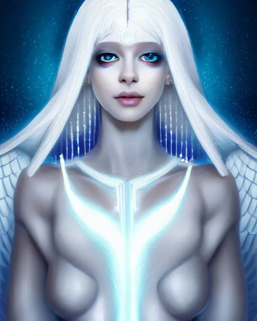 Image similar to perfect white - haired attractive egyptian goddess with large white dove wings, android body, beautiful, symmetric, dreamy, pretty face, blue eyes, detailed, scifi platform, laboratory, experiment, 4 k, ultra realistic, epic lighting, illuminated, cinematic, masterpiece, art by akihito tsukushi, voidstar