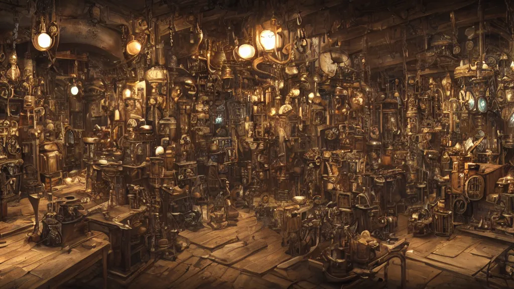 Image similar to A steampunk store, by tian gan, ultra detailed displays of weapons and clockwork machinations densely packed on shelves, volumetric lighting, 8k, unreal engine, trending on artstation