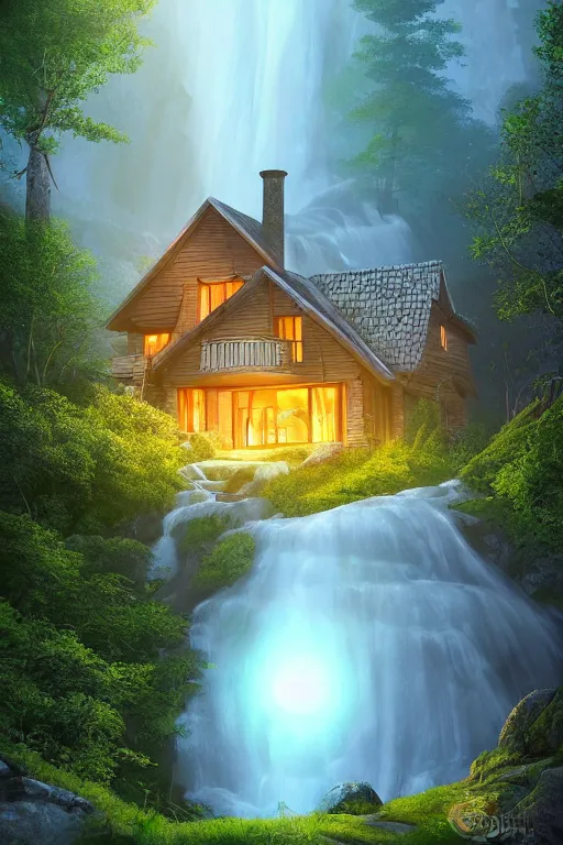 Image similar to scandinavian house in the forest on a hill, pixar, vector style, waterfall flows down from the mountain, vector art, fabulous, global illumination, warm lighting, by jordan grimmer