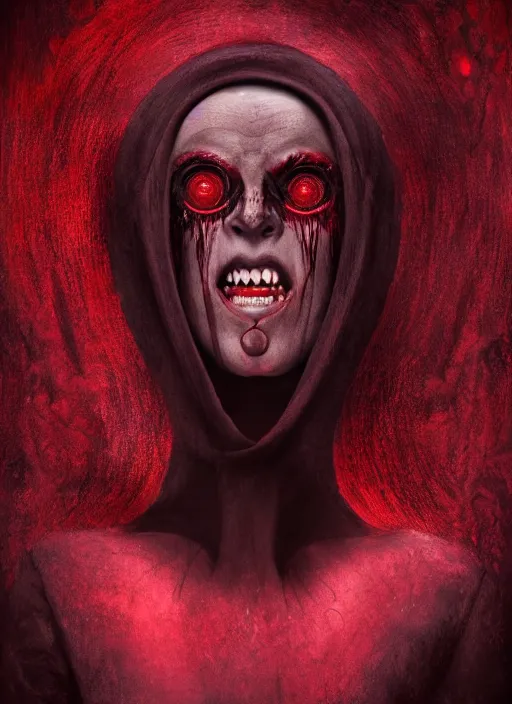 Prompt: dramatic dark red matte portrait painting of woman evil smile with black mandelbrot fractal instead of face, horror, body horror, dark art, 4 k, detailed, realistic, psychotic, insane, crazy, mental illness, dramatic,