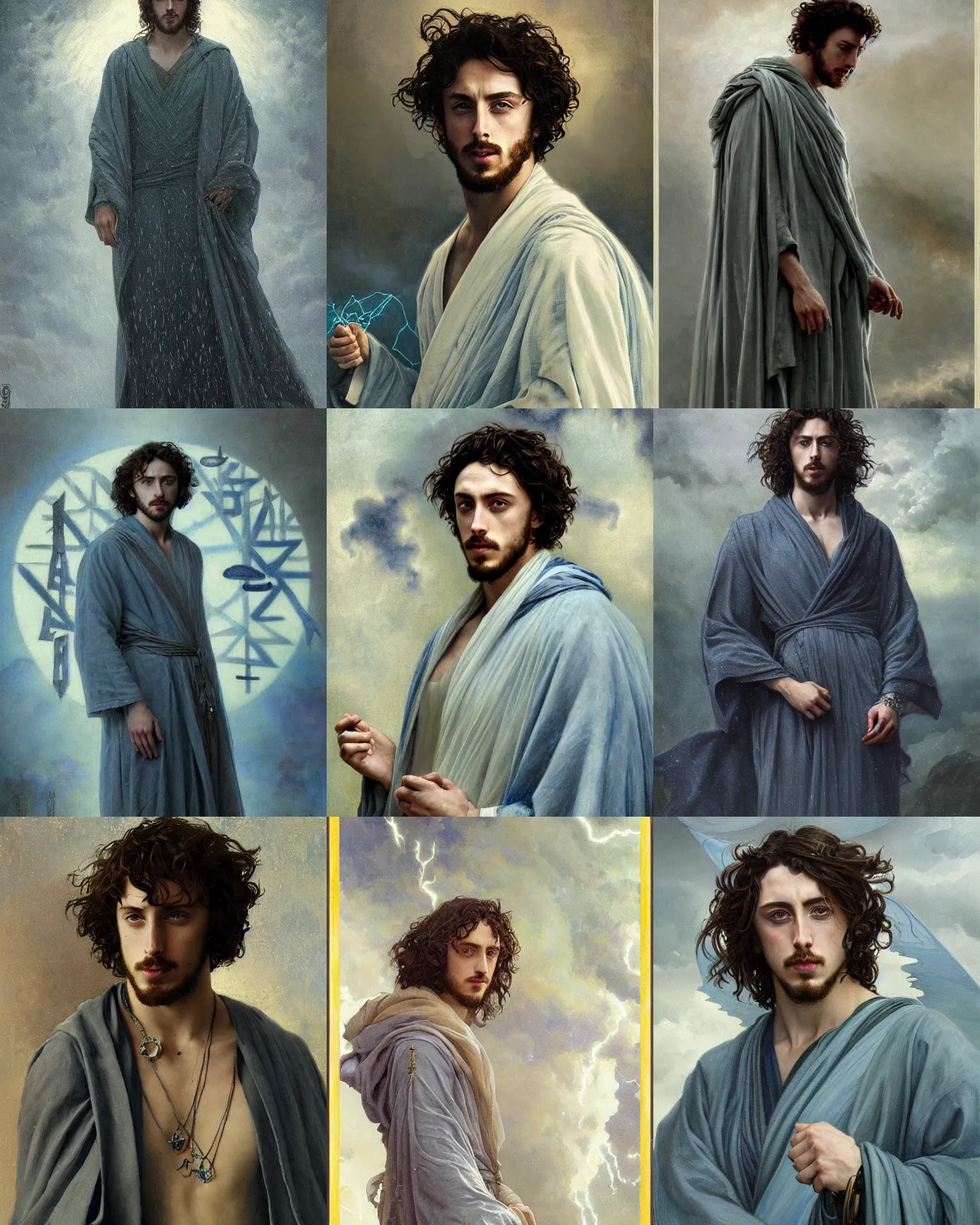 Prompt: portrait of aaron taylor johnson in gray - blue robes, runes, jewelry, mystical, ethereal, magical storm fog, painting by greg rutkowski and alphonse mucha