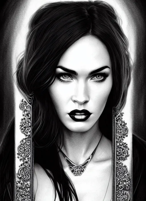 Prompt: a black and white pencil portrait of megan fox as a vampire lord, jewelry, greek, ruby, intricate, headshot, highly detailed, drawn with pencil, black and white, artstation, concept art, sharp focus, cinematic lighting, illustration, art by artgerm and greg rutkowski, alphonse mucha, cgsociety