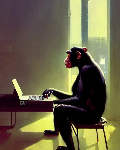 Image similar to cyberpunk augumented chimpanzee at the computer. art by greg rutkowski, gustave courbet, rosa bonheur, edward hopper. faithfully depicted facial expression, perfect anatomy, sharp focus, global illumination, radiant light, detailed and intricate environment, trending on artstation