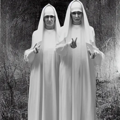 Image similar to award winning photo Floating twin nuns wearing translucent habits Very long arms, in a sanctuary, eerie, frightening —width 1024 —height 1024