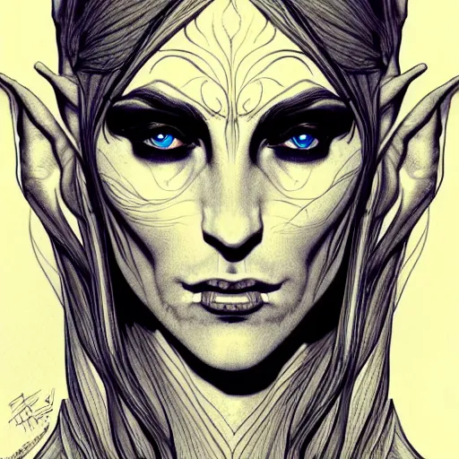 Image similar to centered portrait elven ,intricate, veins, by Hugo pratt, ultradetailed, charachter design, concept art, trending on artstation,