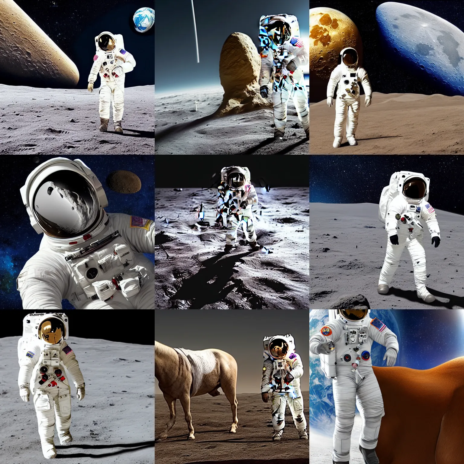 Prompt: Realistic, 8k, very realistic, Astronaut in a white suit on a brown horse with detailed skin on the moon with the earth in the background