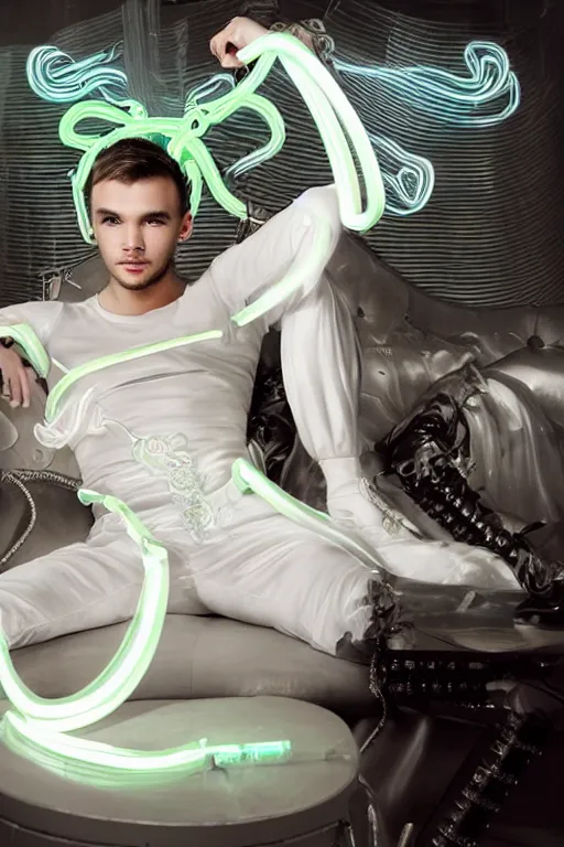 Image similar to full-body rococo and cyberpunk style neon statue of a muscular attractive Liam Payne macho dotado e rico android sim roupa reclining con las piernas abertas e la piroca dura, glowing white lasers, glowing eyes, silver prince crown, silver steampunk gears, white diamonds, swirling mint-colored silk fabric. futuristic elements. ethereal white dripping tar. full-length view. space robots. human skulls. intricate artwork by caravaggio. Trending on artstation, octane render, cinematic lighting from the right, hyper realism, octane render, 8k, depth of field, 3D