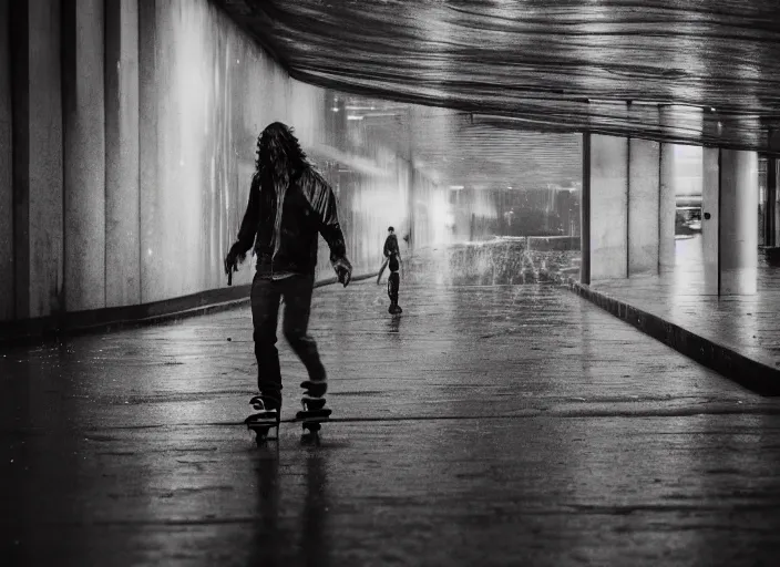 Image similar to a person with long, flowing hair skateboards through an empty brutalist city in the rain, colored gel lighting, reflective surfaces, midnight, portra, film grain, high contrast, chromatic aberration, reminiscent of blade runner, dynamic pose