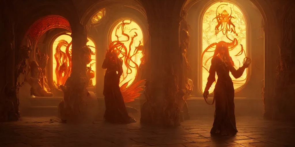 Image similar to ultra realistic, artstation, concept art, natural lighting, by artgerm and greg rutkowski and alphonse mucha and wlop, demons, fire, hell interior with surrounded archways. rendered in octane render with photorealistic lighting, 8 k, hd