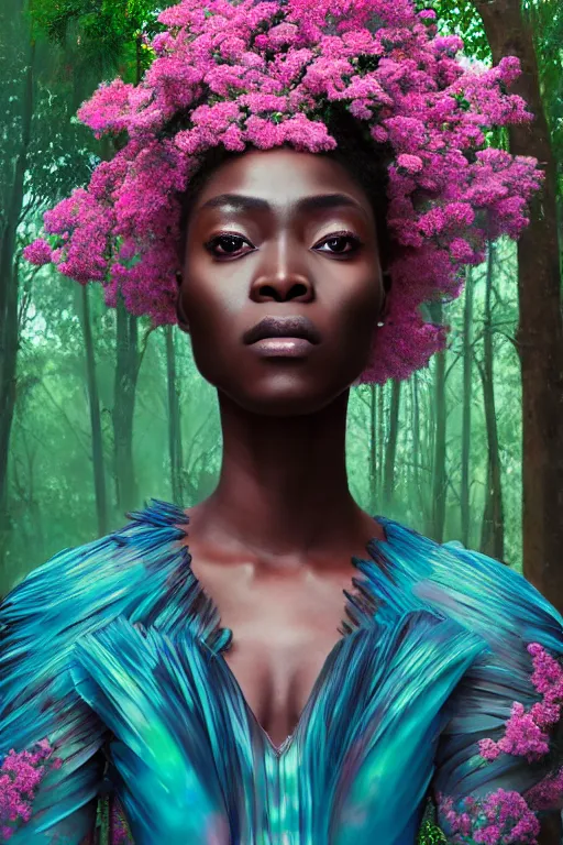 Image similar to hyperrealistic post - renaissance cinematic super expressive! yoruba goddess with exoskeleton armor, merging with tree in a forest, pink flowers, highly detailed digital art masterpiece, smooth cam de leon eric zener dramatic pearlescent soft teal light, ground angle hd 8 k, sharp focus