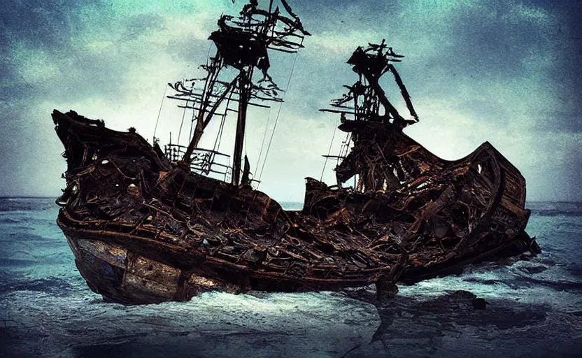 Image similar to “Pirate ship wreck falling from the sky, digital art, cinematic, award winning”