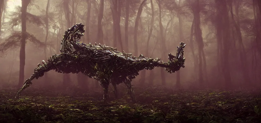 Prompt: a complex organic fractal 3 d metallic symbiotic ceramic humanoid megastructure creature in a swampy lush forest, foggy, cinematic shot, photo still from movie by denis villeneuve, 9 0 s anime by junji ito