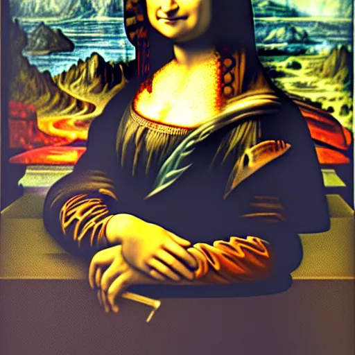 Prompt: a extremely detailed portrait of the mona lisa holding a paintbrush and painting herself 4 k