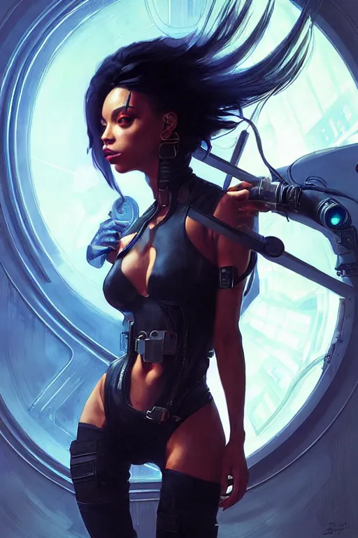 Image similar to cyberpunk Normani as aeon flux profile picture by Greg Rutkowski, dynamic pose, intricate, futuristic, fantasy, elegant, by Stanley Artgerm Lau, greg rutkowski, thomas kindkade, alphonse mucha, loish, norman Rockwell,