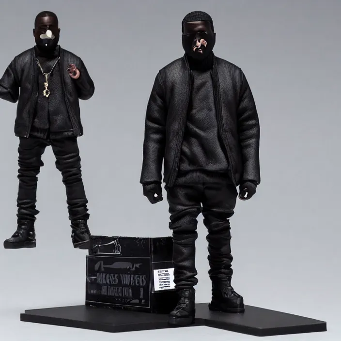 Prompt: kanye west using a black mask with small holes, all black clothes and a black bullet proof vest, a goodsmile figure of kanye west, figurine, detailed product photo