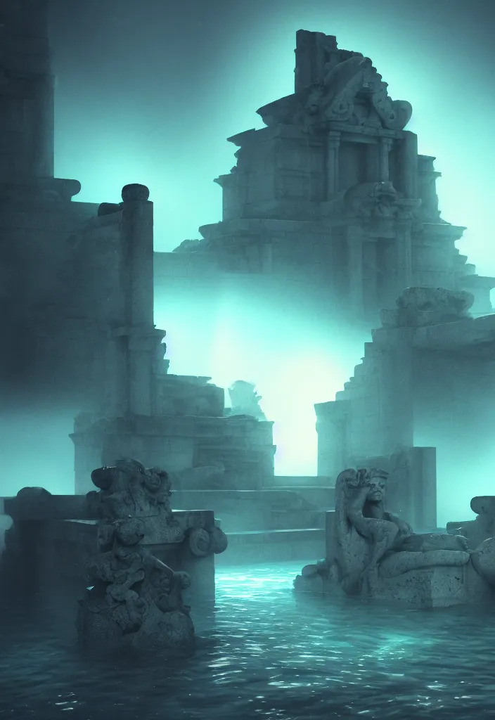 Image similar to low ultrawide shot, dark, underwater statues, submerged pre - incan temple with carvings, abyss, stylized, anime style mixed with fujifilm, detailed gouache paintings, crepuscular rays, dark, murky, foggy, atmospheric, artstation, cgsociety, unreal engine 5, octane render