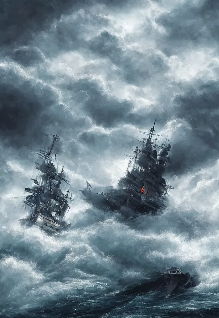Prompt: ship being persecuted by a police ship over raging turbulent waters, hyper realistic, highly detailed, digital art, apocalyptic, intimidating lighting, raytracing, sharp focus, smooth, romanticism