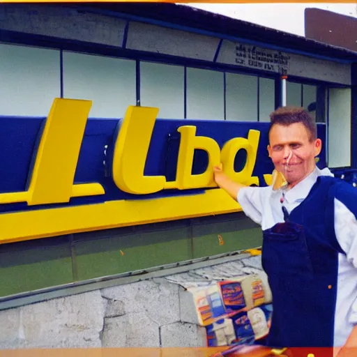 Prompt: happy lidl worker, 3 5 mm disposable camera