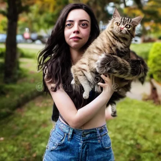 Image similar to a girl with long dark hair, her face is a mix between aubrey plaza, krysten ritter, lucy hale and maisie williams, she is holding a cat in her arms, a stock photo by juan villafuerte, pexels contest winner, high quality photo, rtx, hd, shiny eyes